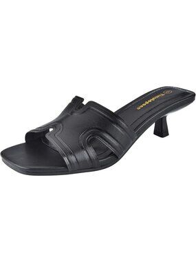 Women's Black Kitten Heels Leather Sandals Open Toe Textured Slide Low Heeled